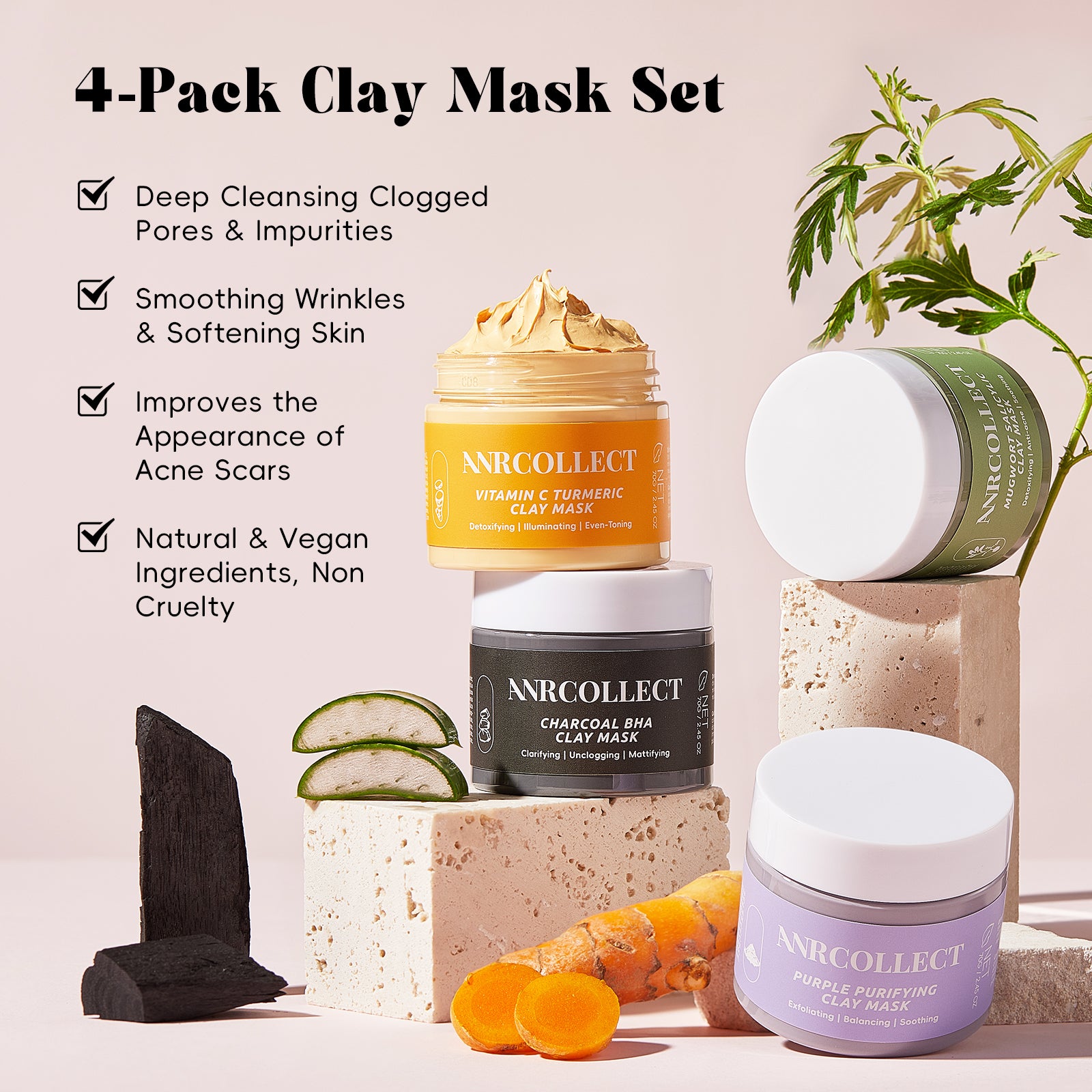 4-Piece Skincare Mask Set with Vitamin C Charcoal Mugwort and Purple M